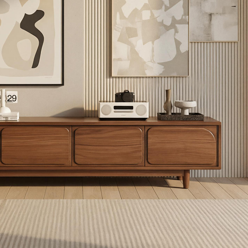 Mid-Century Solid Pine Wood TV Stand With Rounded Panel Doors