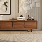 Mid-Century Solid Pine Wood TV Stand With Rounded Panel Doors