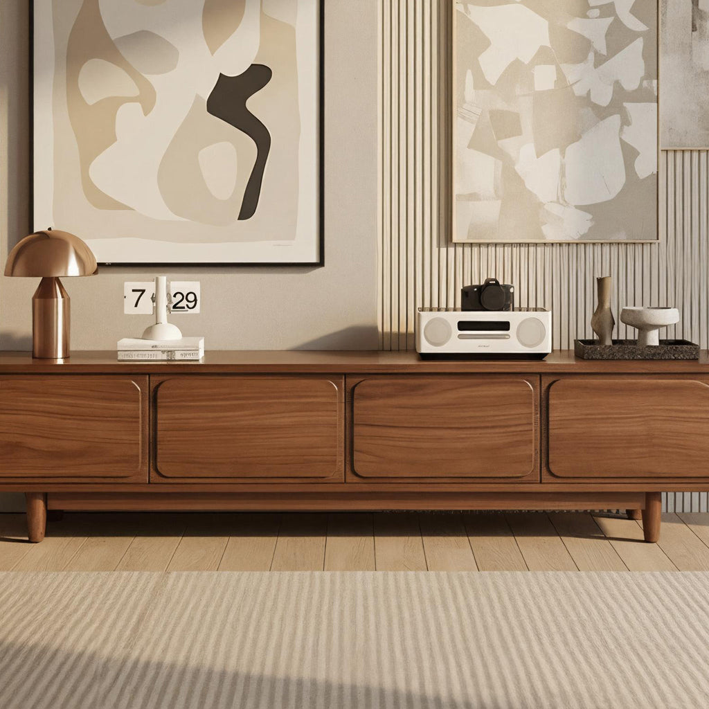 Mid-Century Solid Pine Wood TV Stand With Rounded Panel Doors