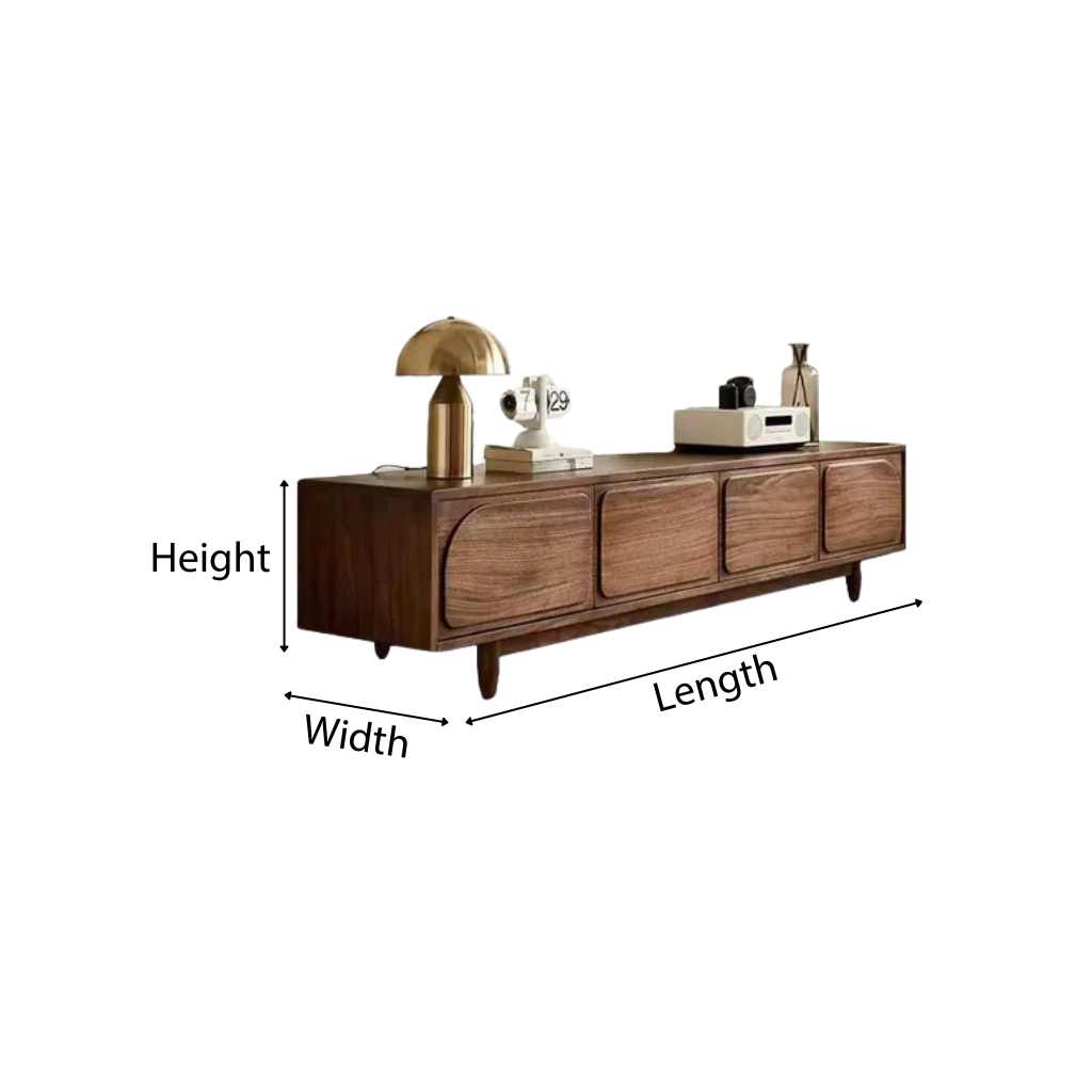 Mid-Century Solid Pine Wood TV Stand With Rounded Panel Doors