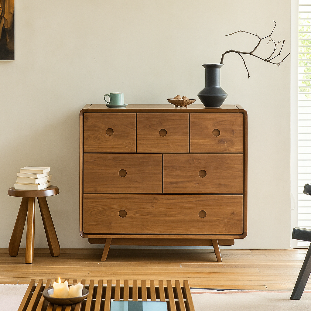 Mid-Century Solid Wood Cabinet With Rounded Corners For Living Room