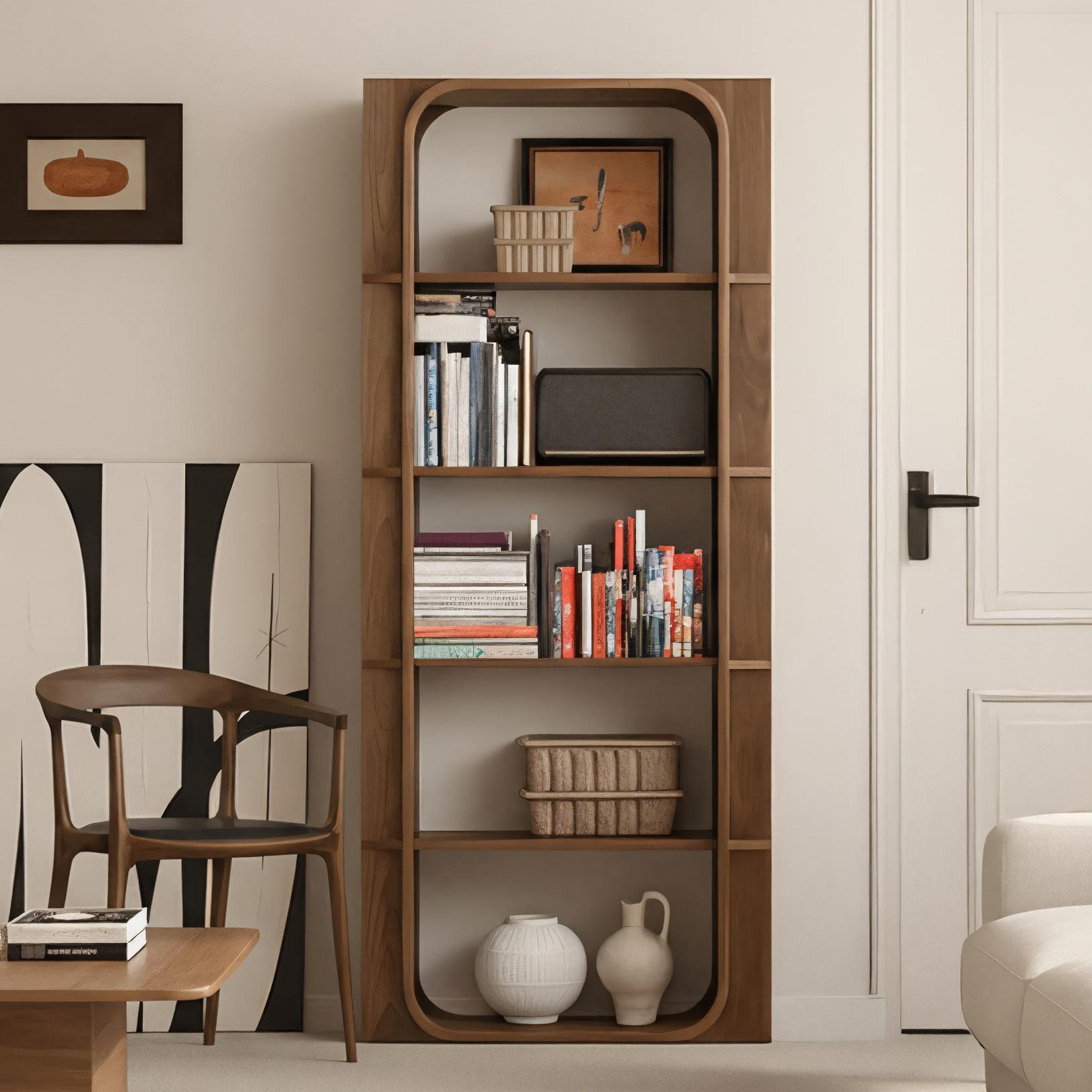 Mid-Century Wooden Bookshelf With Rounded Frame