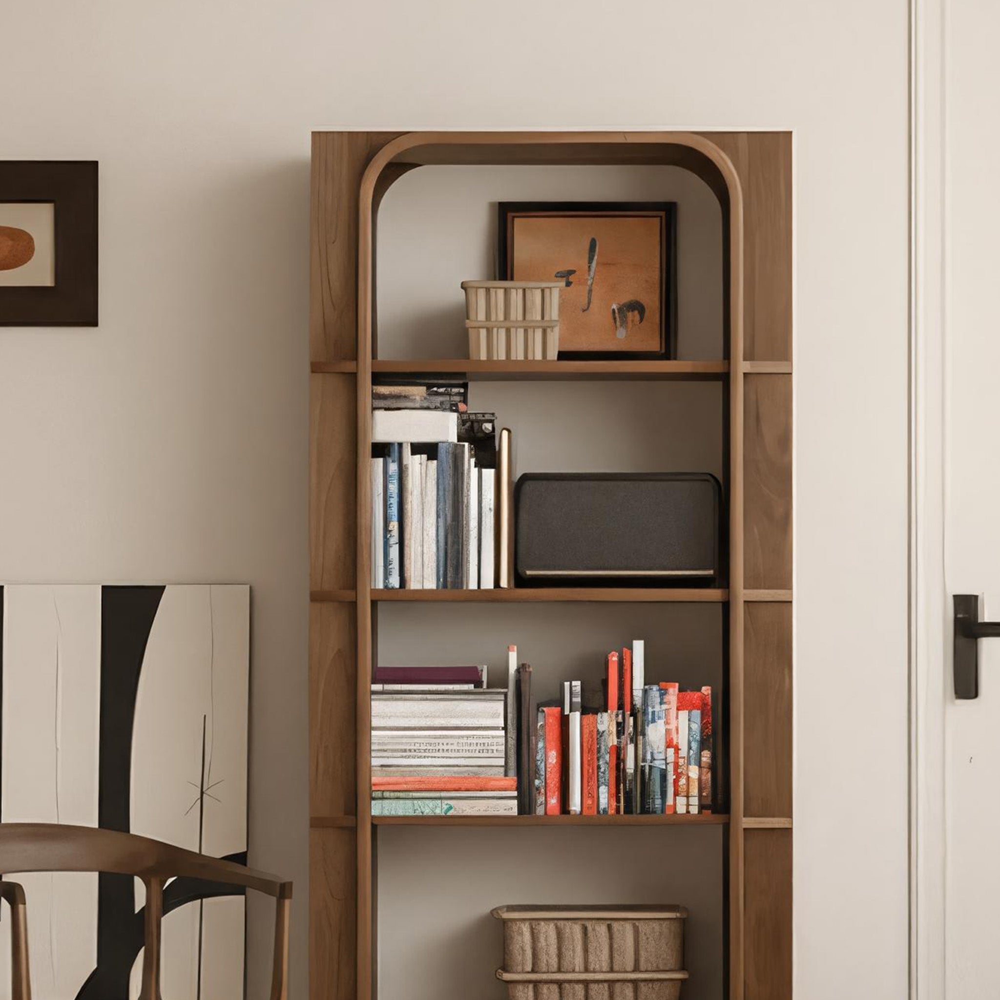Mid-Century Wooden Bookshelf With Rounded Frame