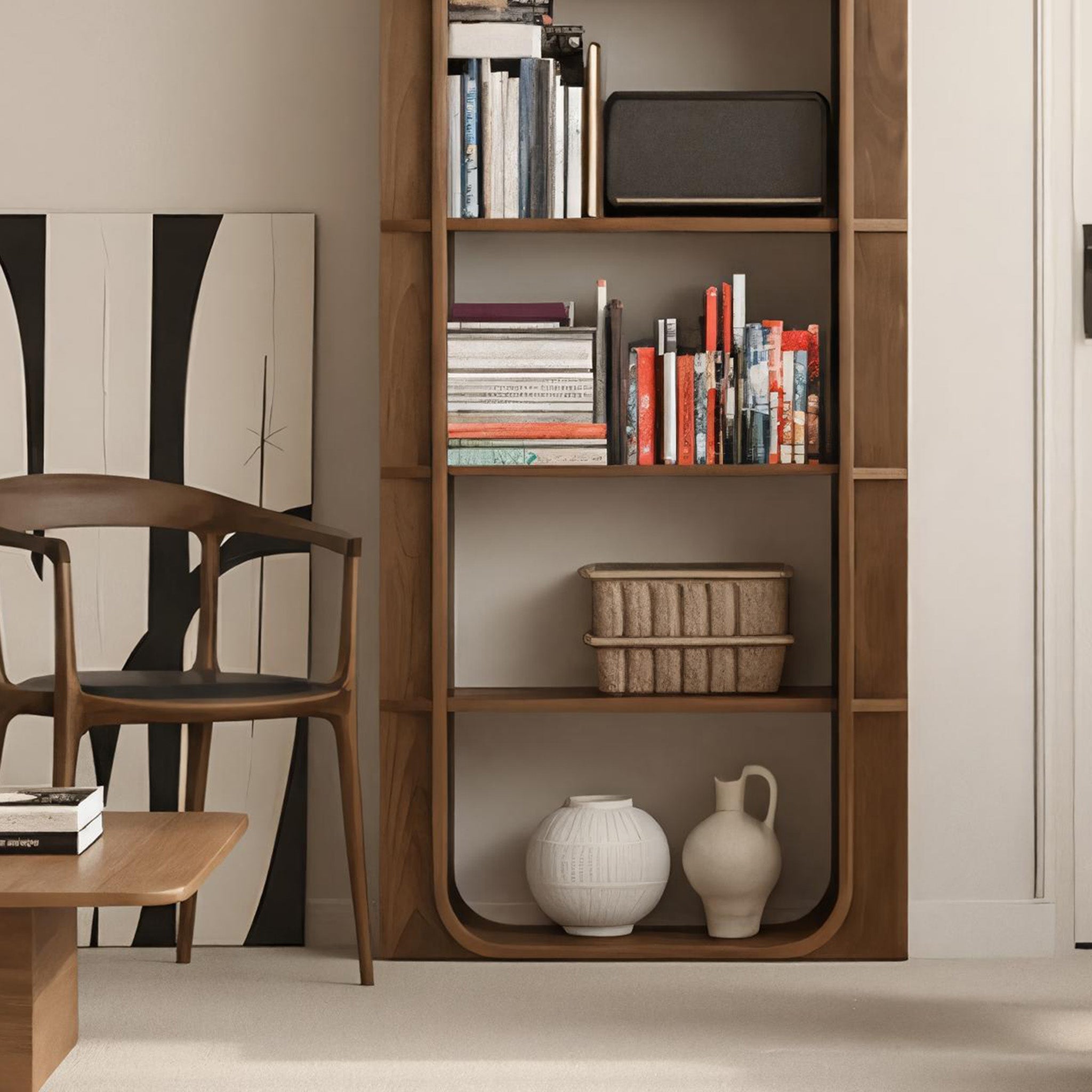 Mid-Century Wooden Bookshelf With Rounded Frame