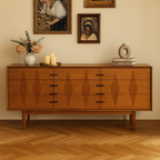 Mid-Century Wooden Cabinet With Diamond-Shaped Wood Inlay