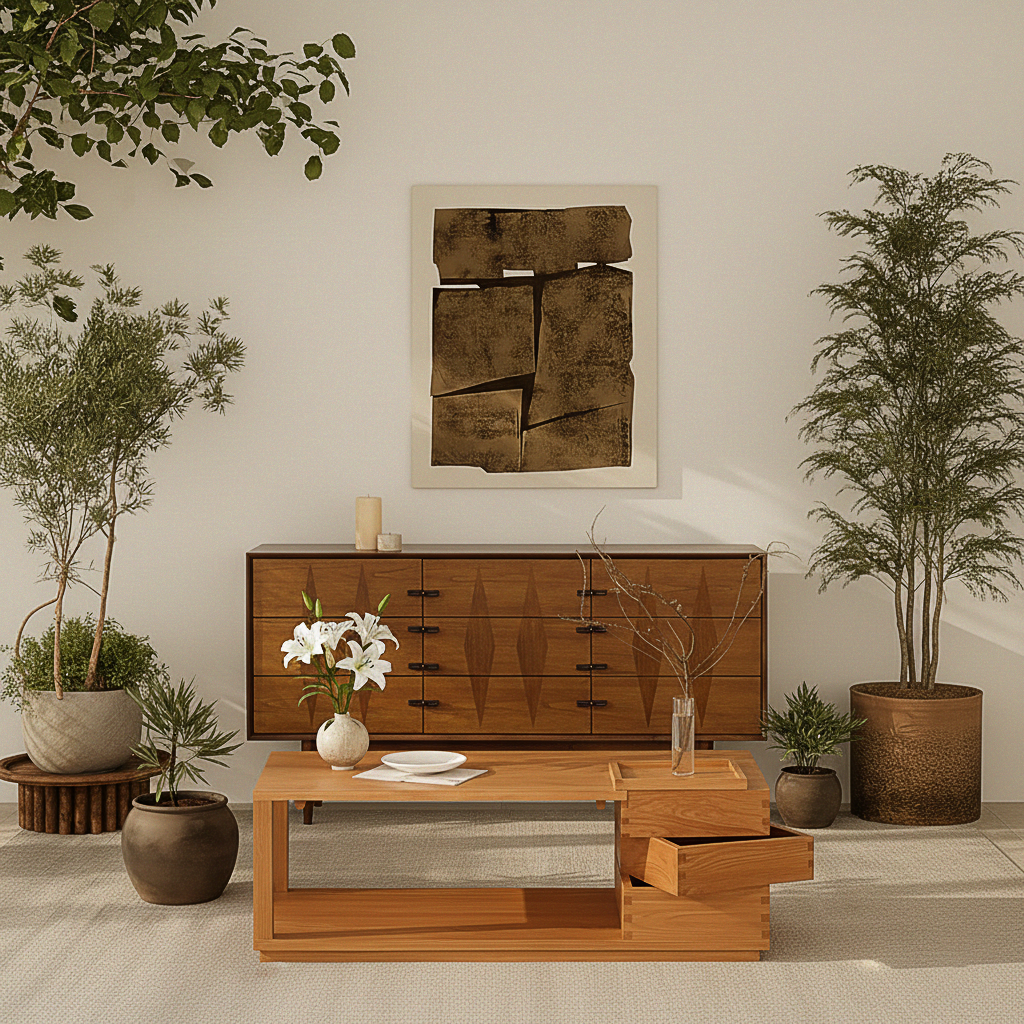 Mid-Century Wooden Cabinet With Diamond-Shaped Wood Inlay