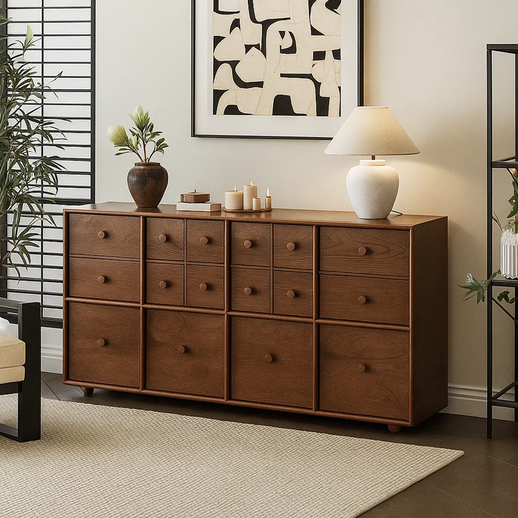 Mid-Century Wooden Cabinet With Grid Drawer Fronts