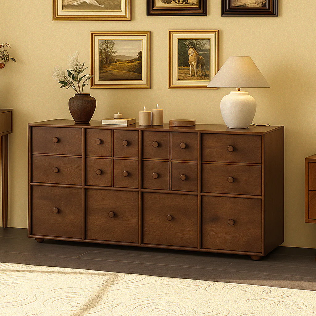 Mid-Century Wooden Cabinet With Grid Drawer Fronts