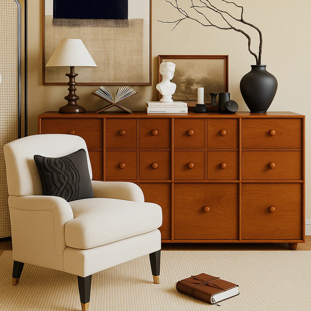 Mid-Century Wooden Cabinet With Grid Drawer Fronts