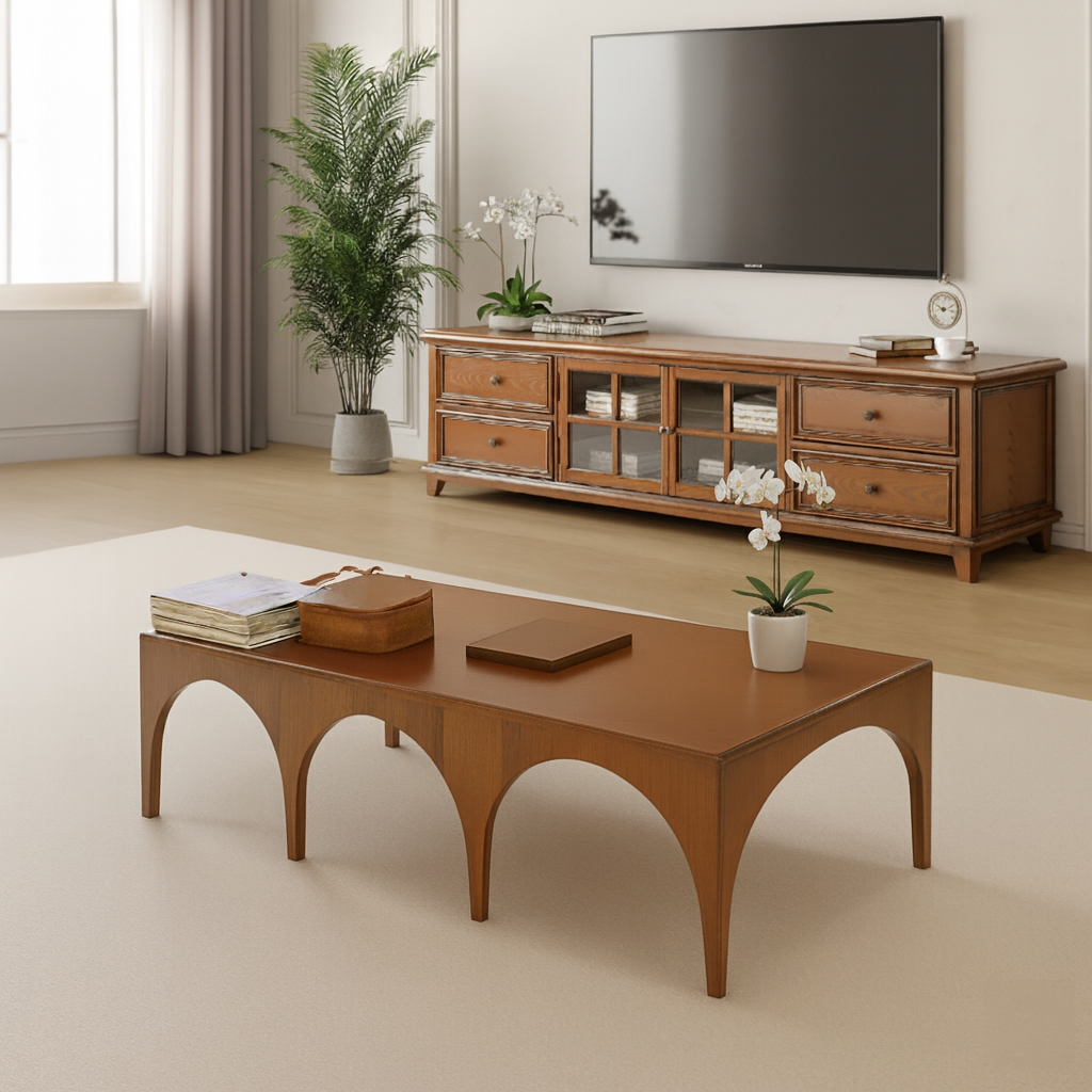 Mid-Century Wooden Coffee Table With Arch Base