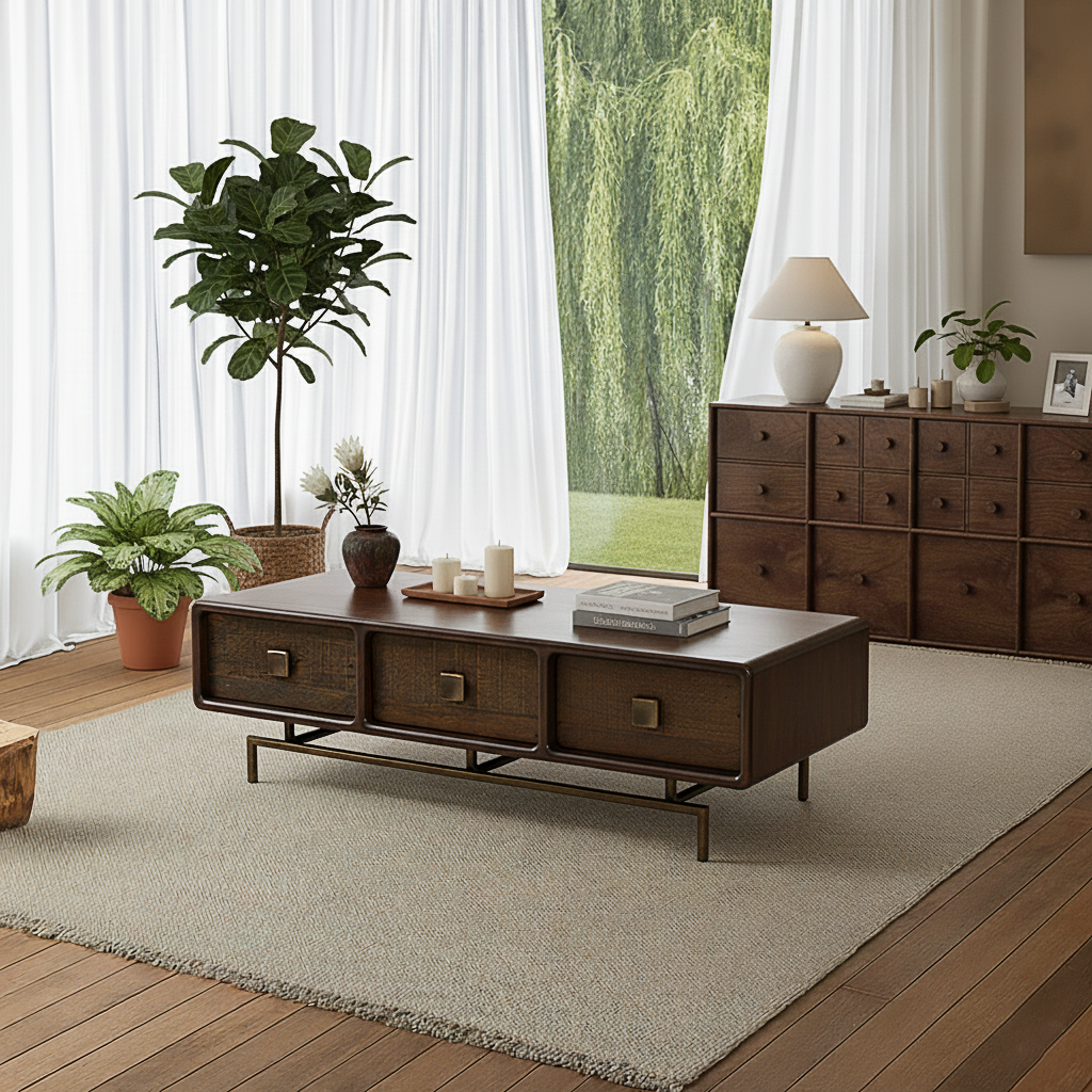 Mid-Century Wooden Coffee Table With Storage Drawers For Living Room