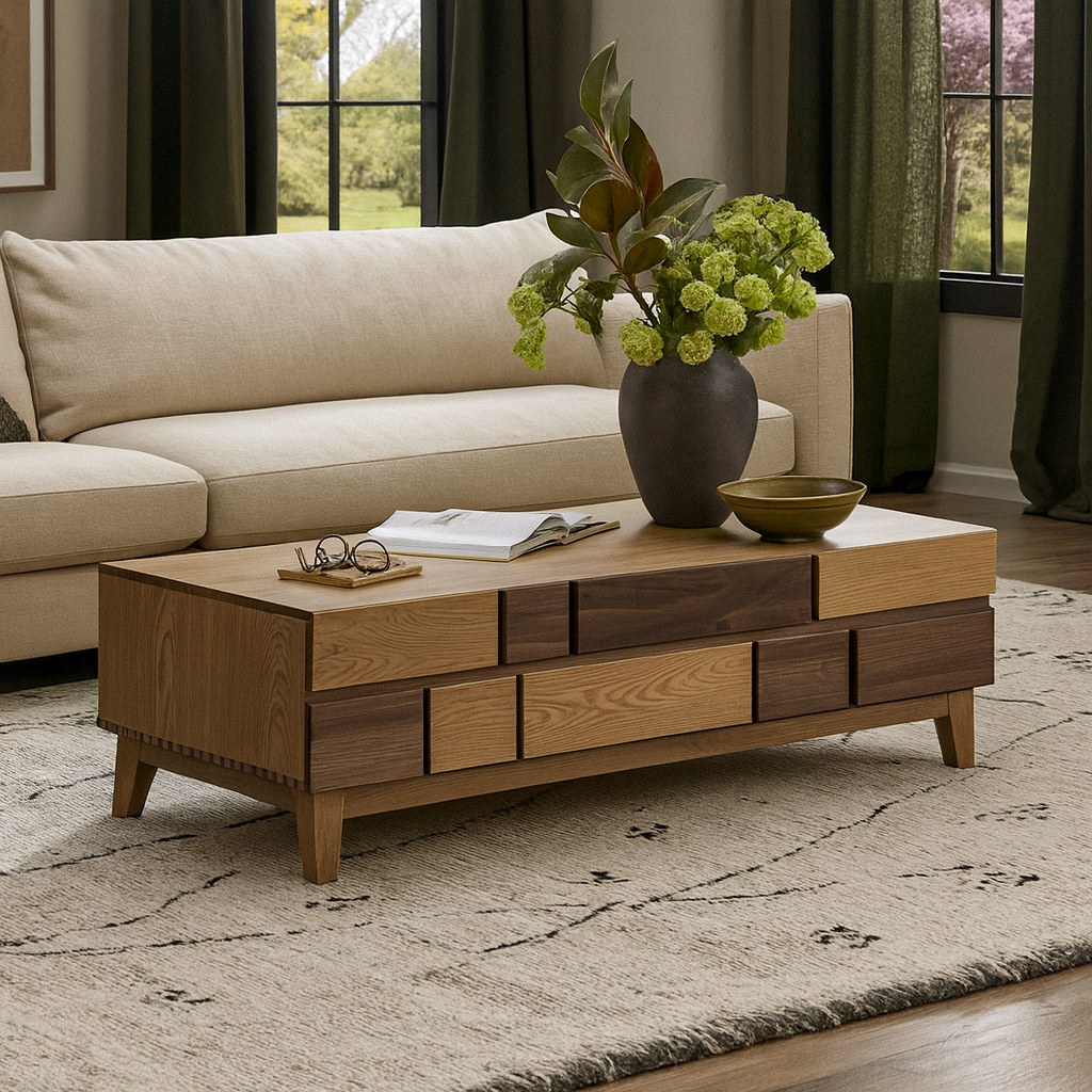Mid-Century Wooden Coffee Table With Two-Tone Block Front