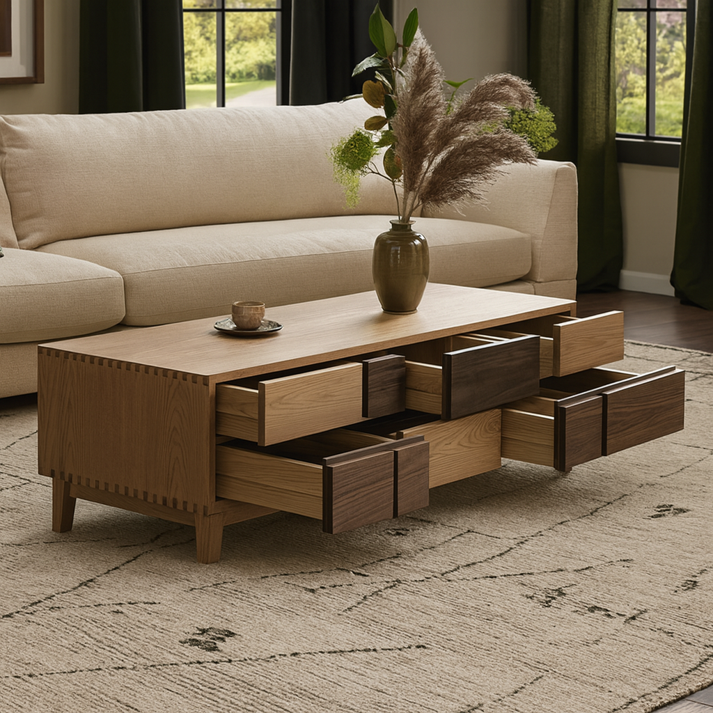 Mid-Century Wooden Coffee Table With Two-Tone Block Front
