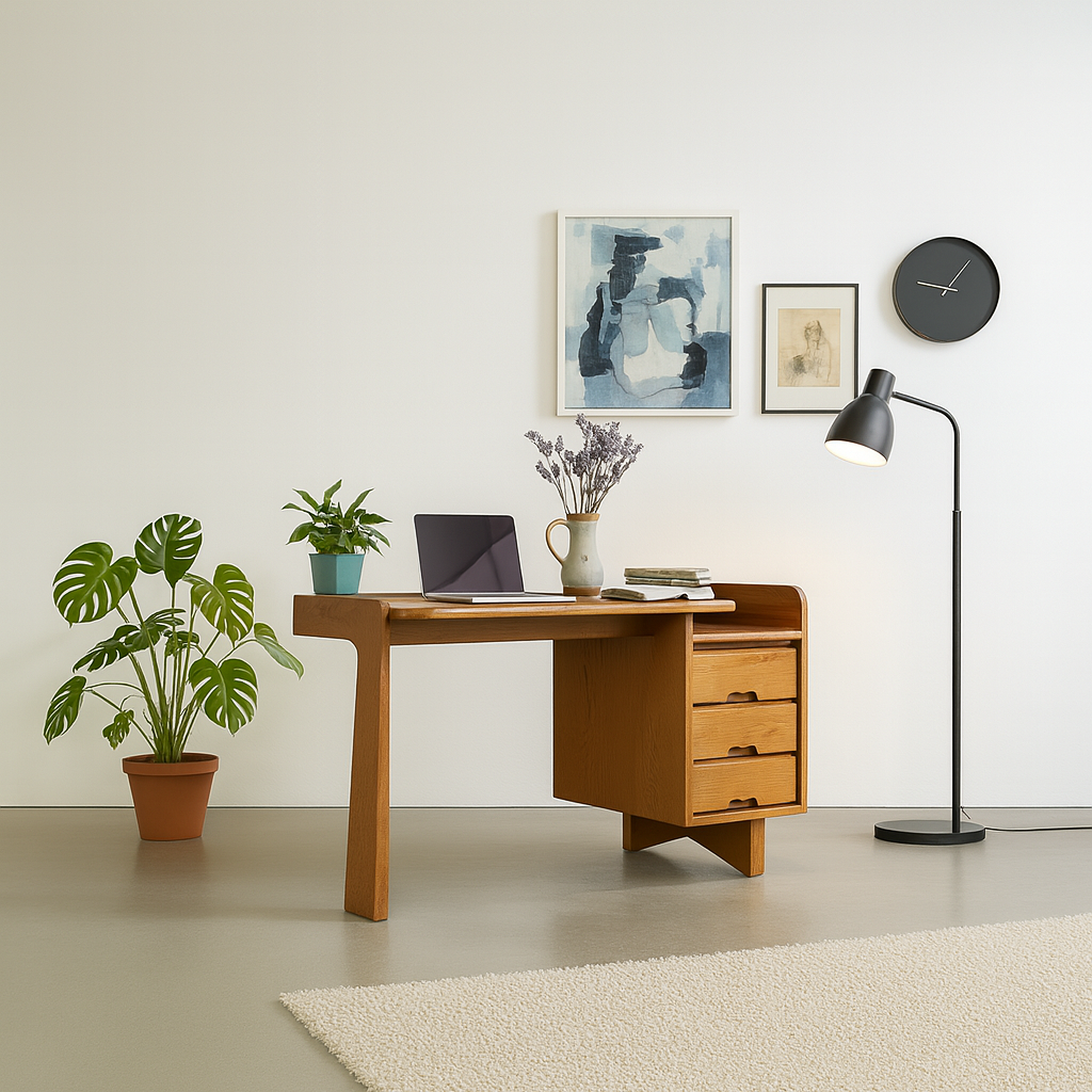 Mid-Century Wooden Desk With Curved Edge Top