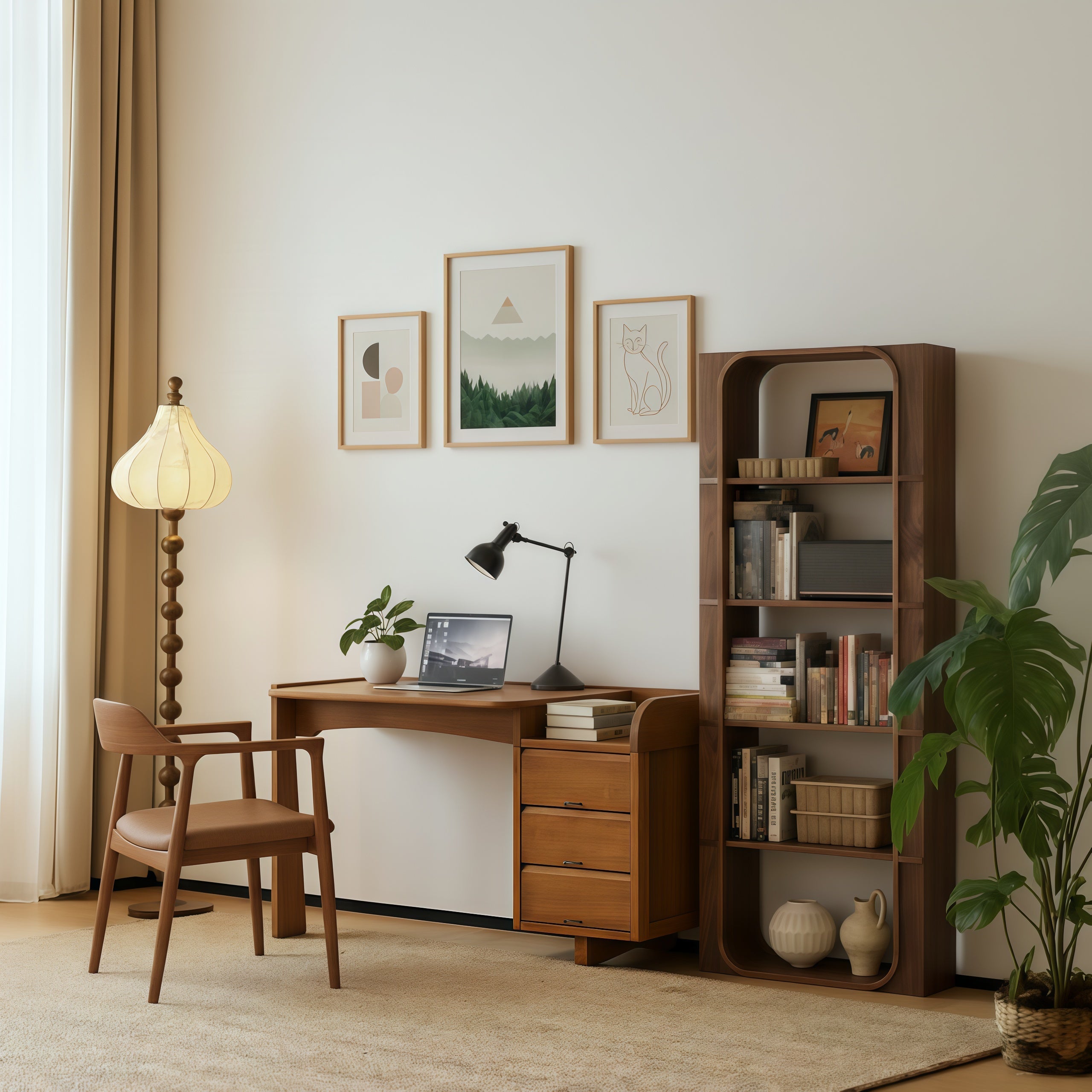 Mid-Century Wooden Desk With Curved Edge Top