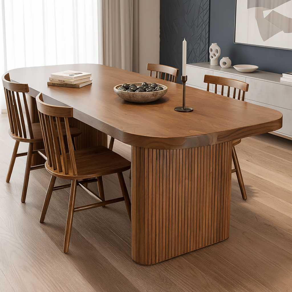 Mid-Century Wooden Dining Table With Rounded Top And Fluted Pedestal Base For Dining Room