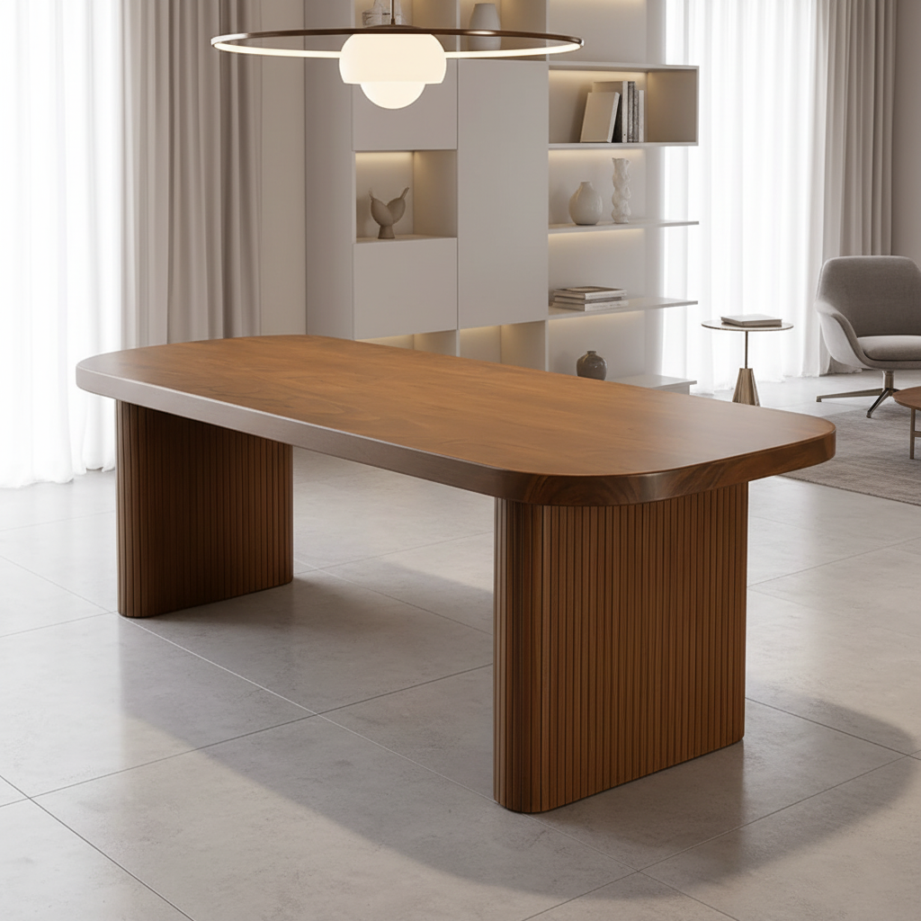 Mid-Century Wooden Dining Table With Rounded Top And Fluted Pedestal Base For Dining Room