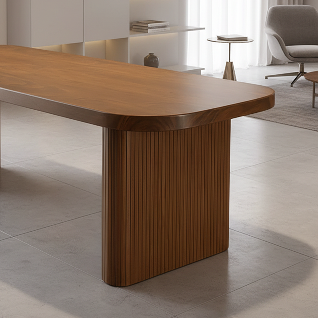 Mid-Century Wooden Dining Table With Rounded Top And Fluted Pedestal Base For Dining Room