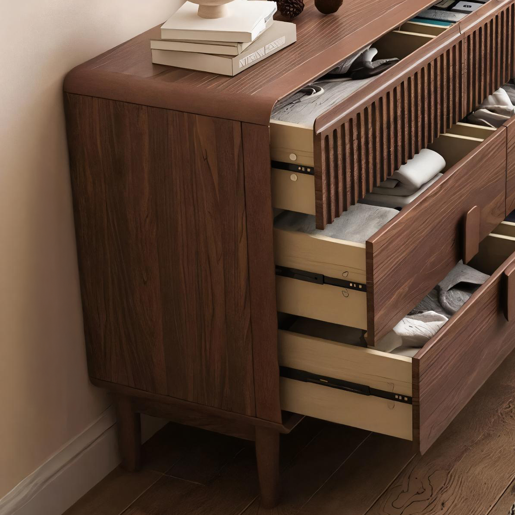 Mid-Century Wooden Dresser With Fluted Top Panel