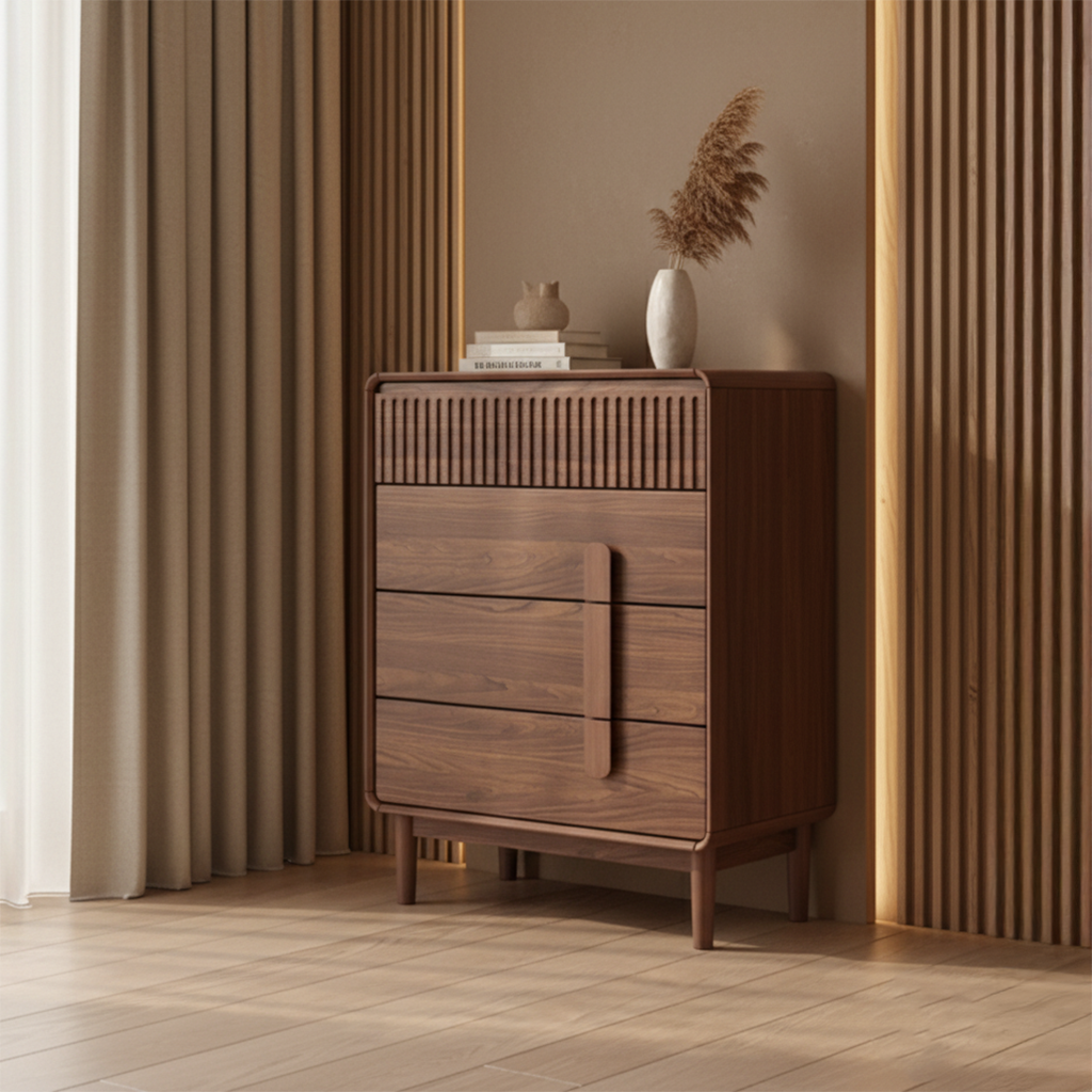 Mid-Century Wooden Dresser With Fluted Top Panel