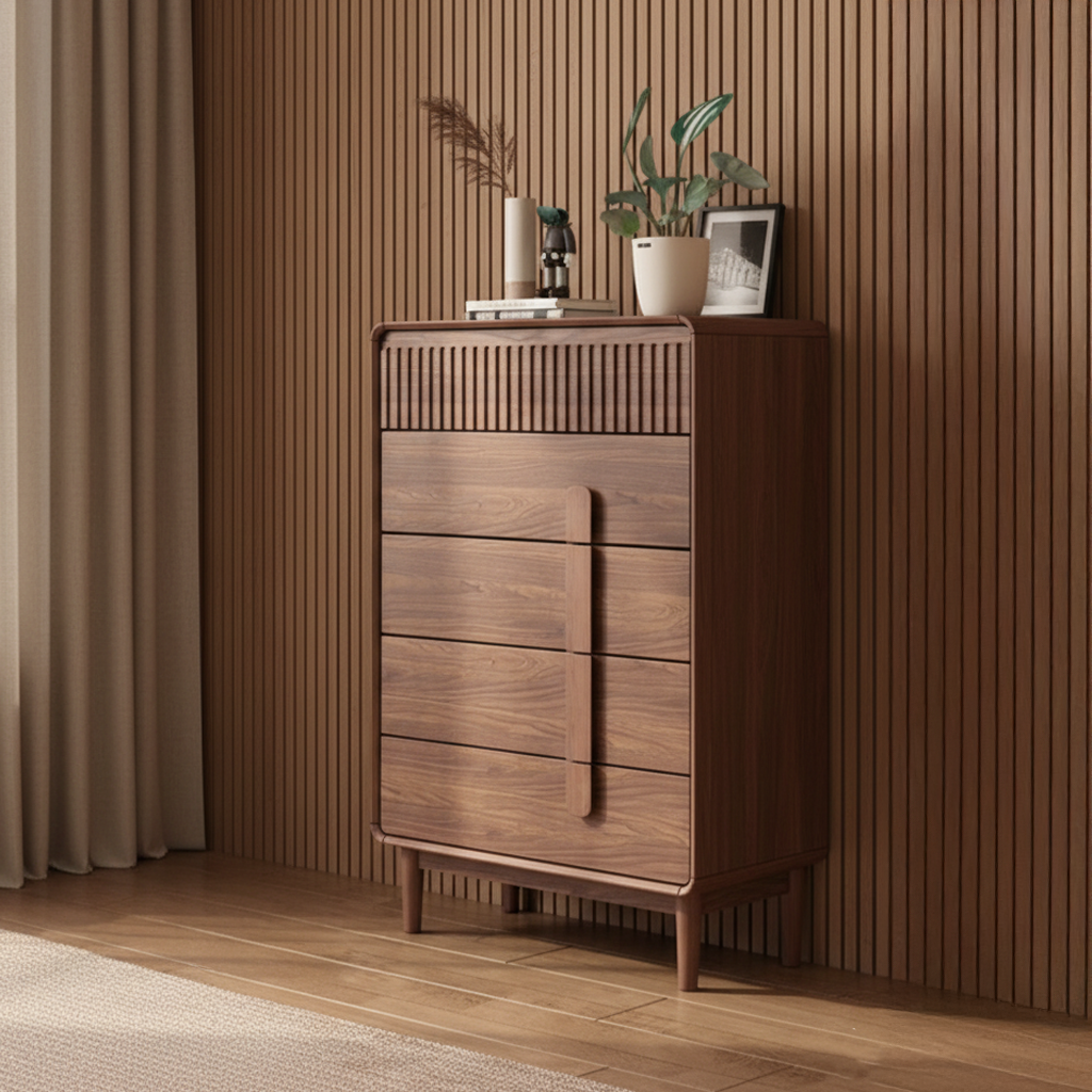 Mid-Century Wooden Dresser With Fluted Top Panel