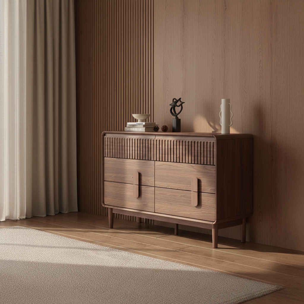 Mid-Century Wooden Dresser With Fluted Top Panel