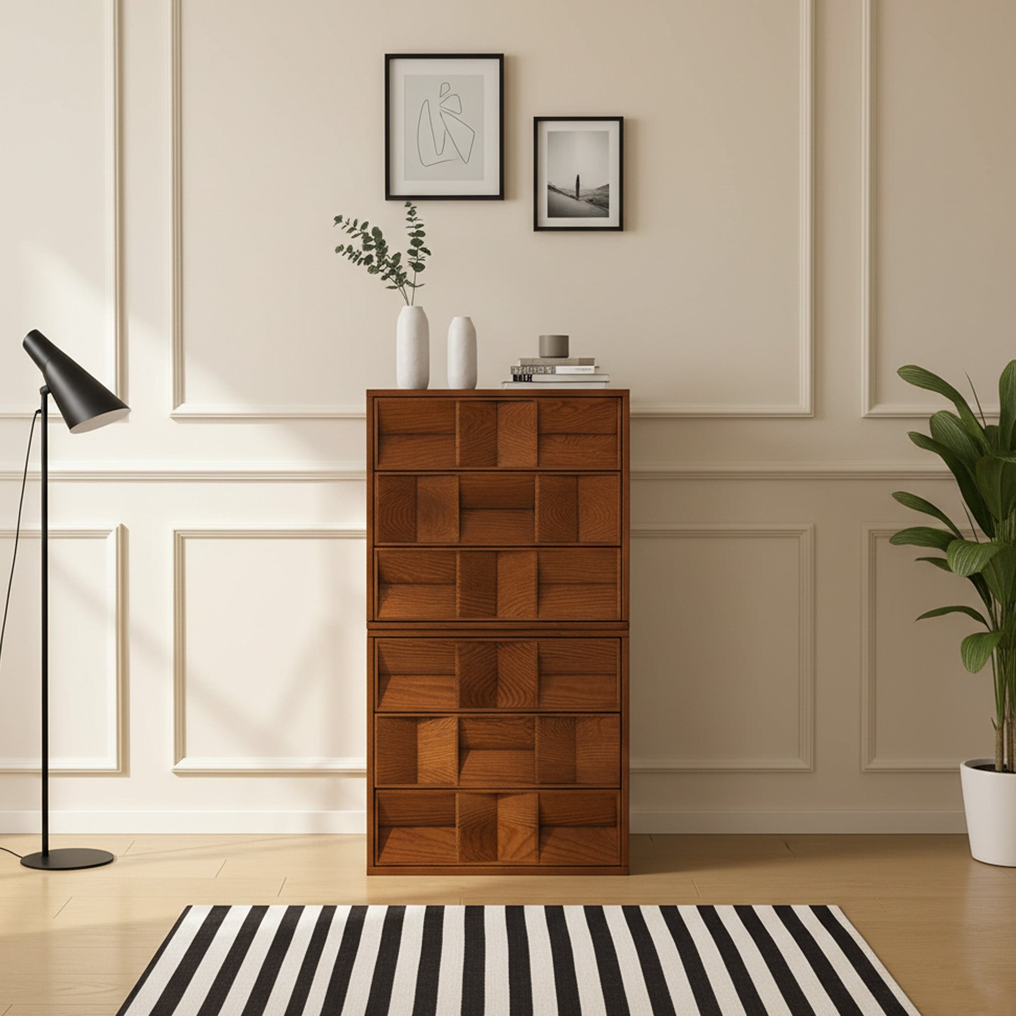 Mid-Century Wooden Dresser With Geometric