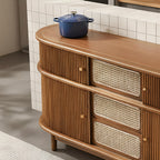 Mid-Century Wooden Fluted Sideboard Cabinet With Rattan