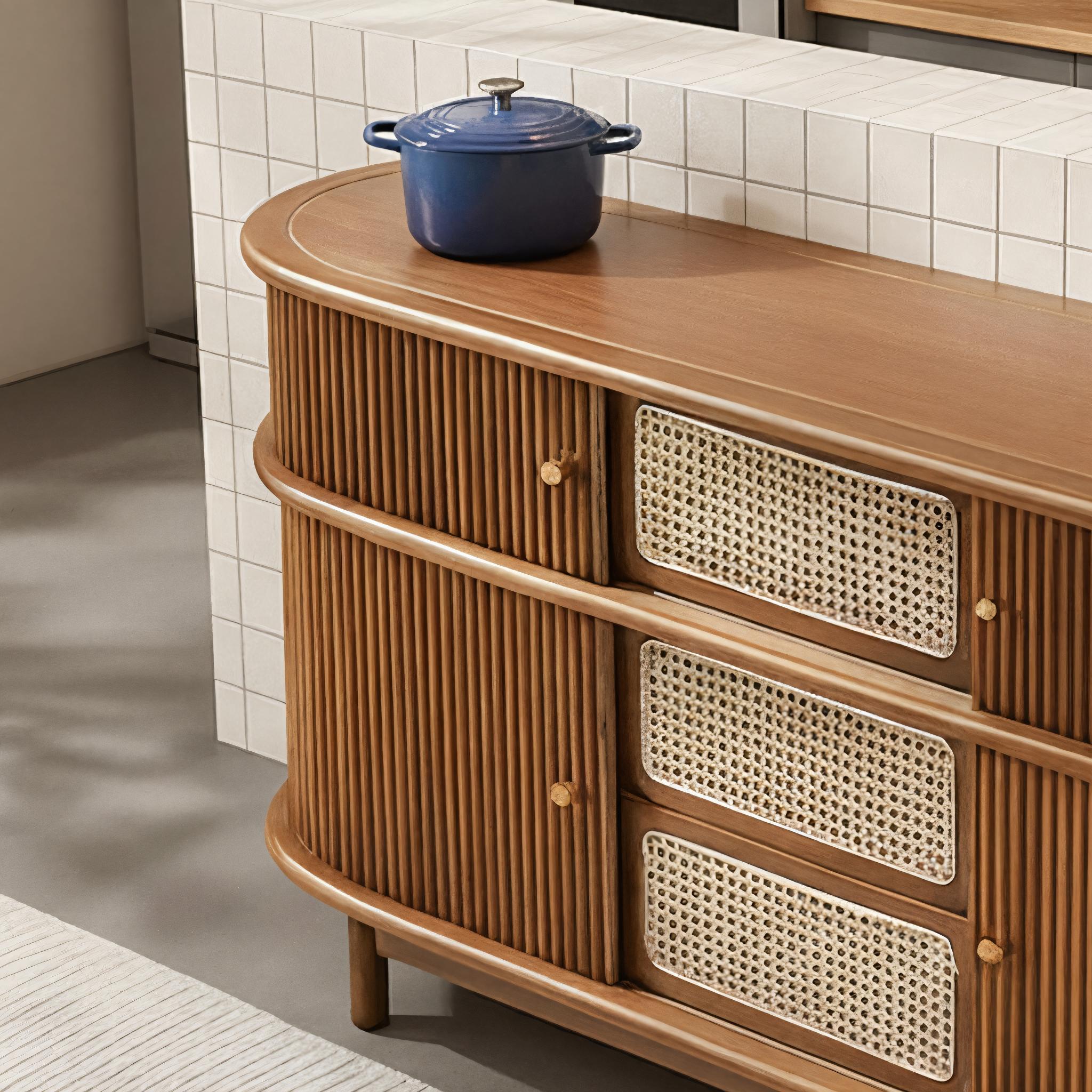 Mid-Century Wooden Fluted Sideboard Cabinet With Rattan