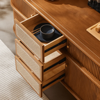 Mid-Century Wooden Fluted Sideboard Cabinet With Rattan
