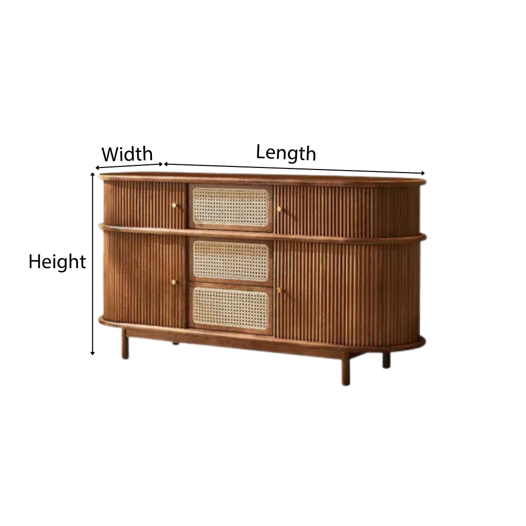Mid-Century Wooden Fluted Sideboard Cabinet With Rattan