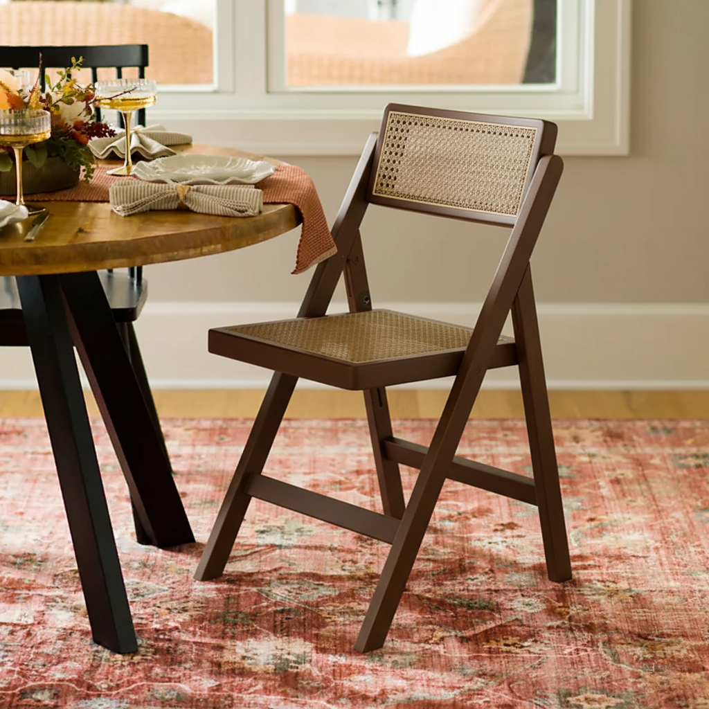 Mid-Century Wooden Folding Dining Chair With Woven Cane