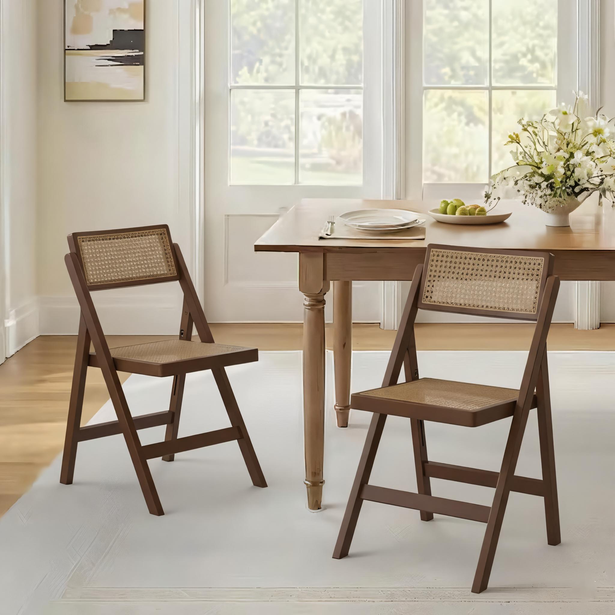 Mid-Century Wooden Folding Dining Chair With Woven Cane