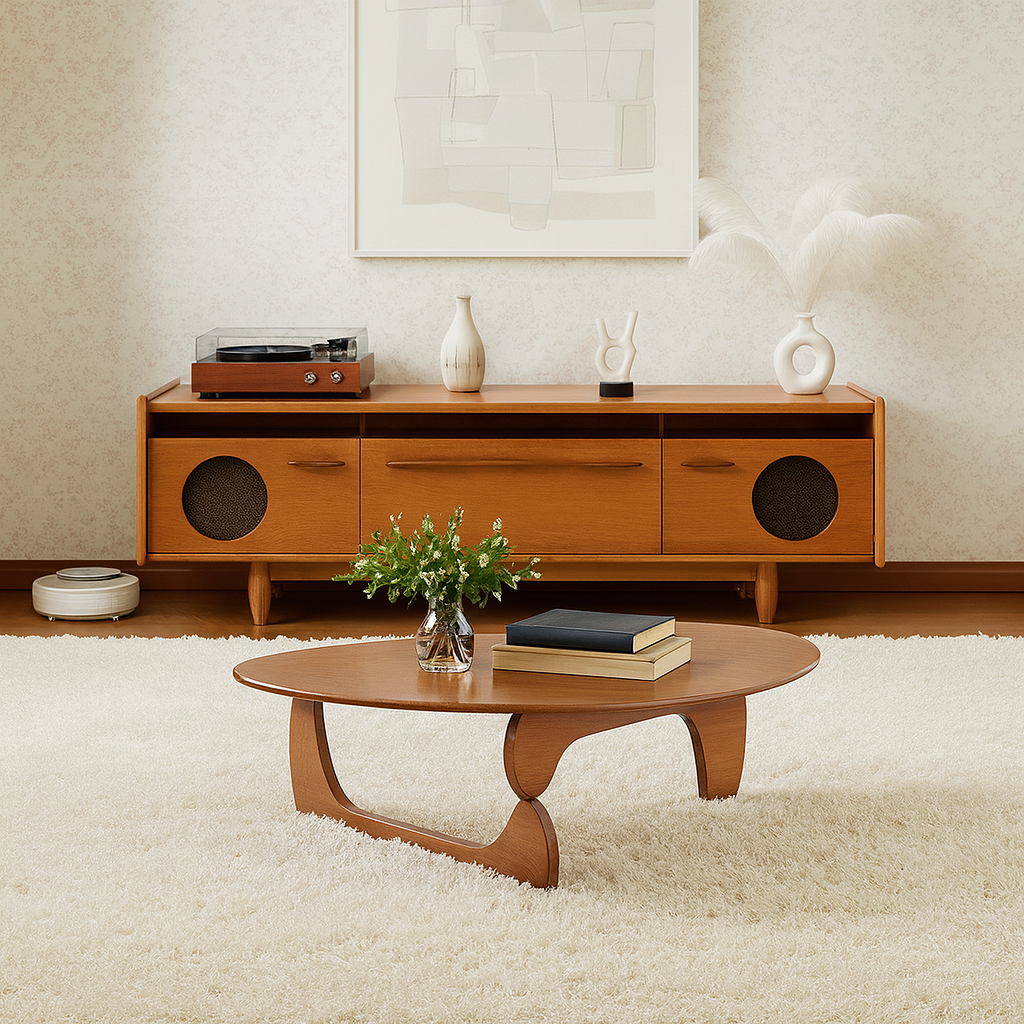 Mid-Century Wooden Oval Coffee Table With Curved Base For Living Room