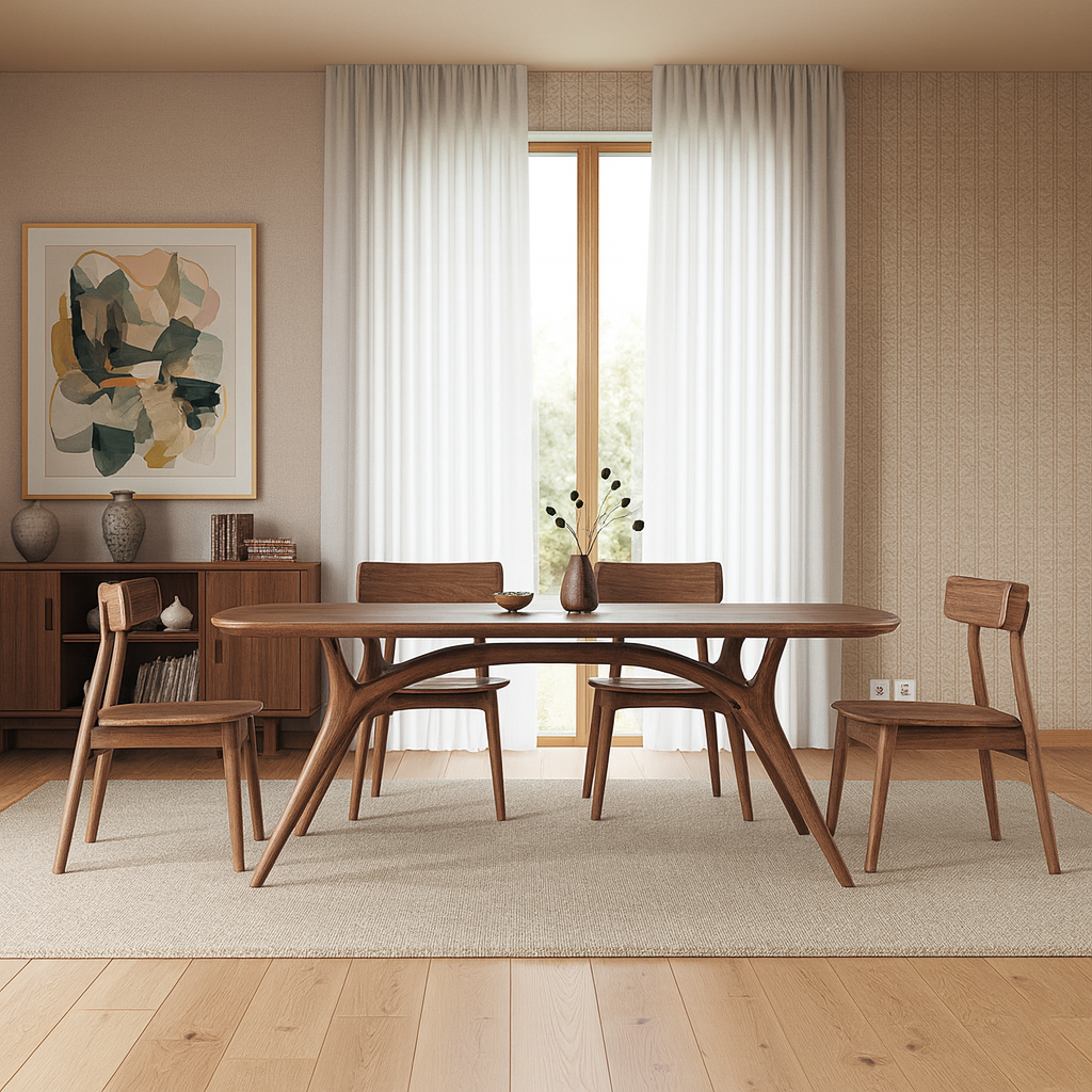 Mid-Century Wooden Oval Dining Table With Arched Leg Base For Dining Room