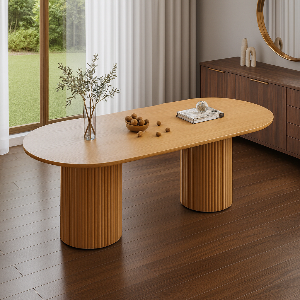 Mid-Century Wooden Oval Dining Table With Fluted Double Pedestal Base For Dining Room