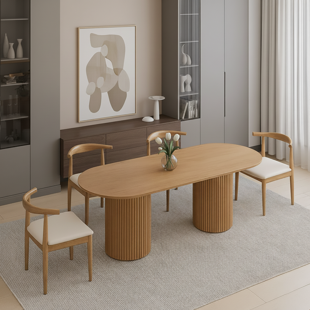 Mid-Century Wooden Oval Dining Table With Fluted Double Pedestal Base For Dining Room