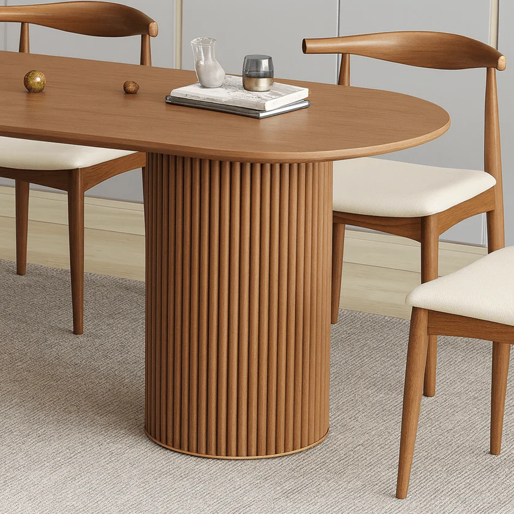 Mid-Century Wooden Oval Dining Table With Fluted Double Pedestal Base For Dining Room