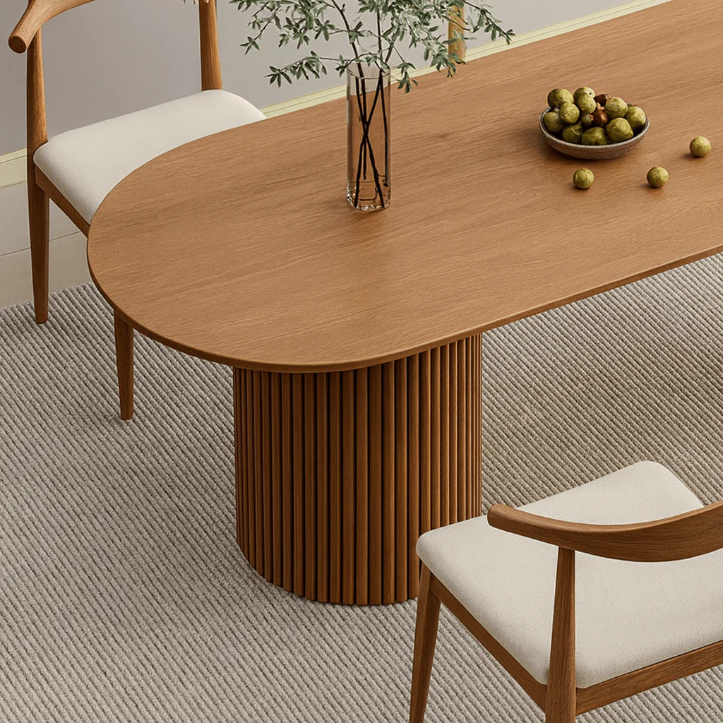 Mid-Century Wooden Oval Dining Table With Fluted Double Pedestal Base For Dining Room