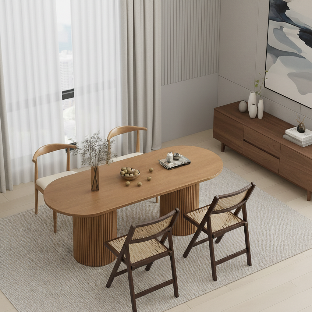 Mid-Century Wooden Oval Dining Table With Fluted Double Pedestal Base For Dining Room