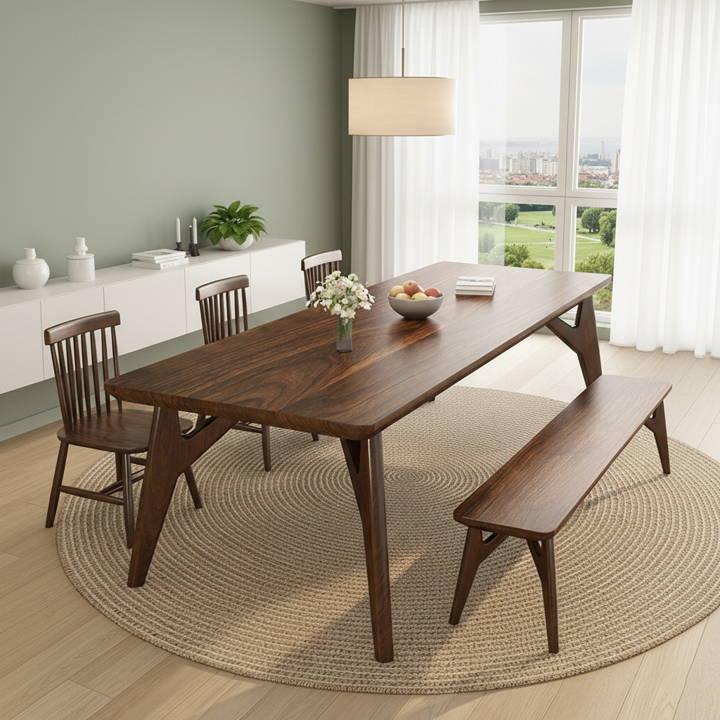 Mid-Century Wooden Rectangular Dining Table With Sculpted Legs For Dining Room