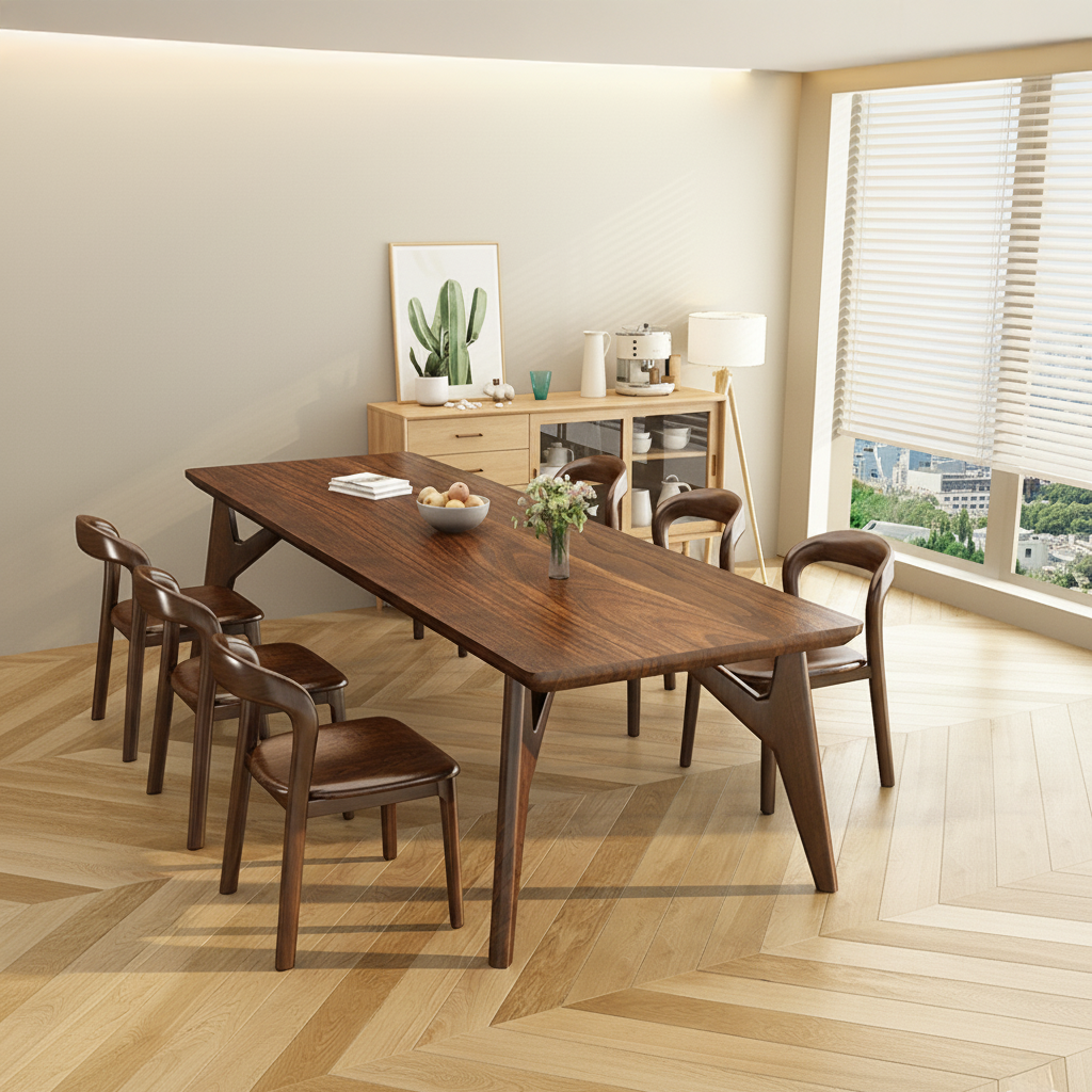 Mid-Century Wooden Rectangular Dining Table With Sculpted Legs For Dining Room