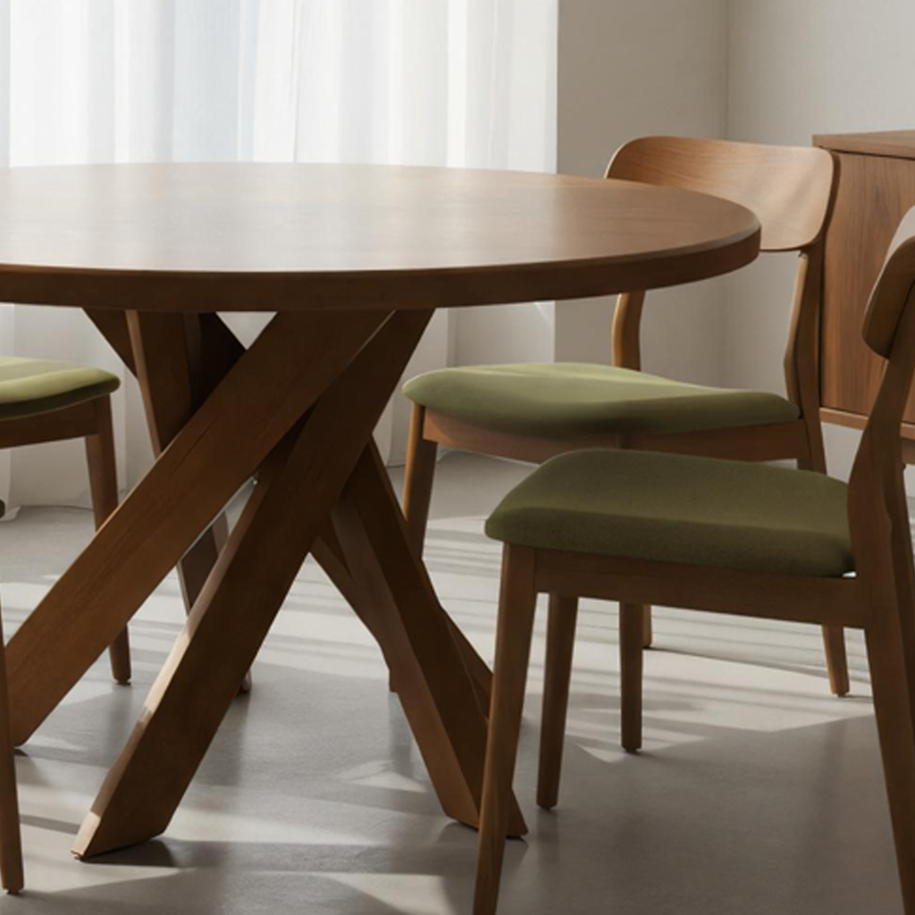 Mid-Century Wooden Round Dining Table With Interlocking Base