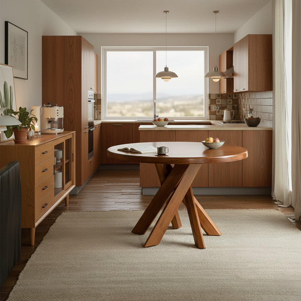 Mid-Century Wooden Round Dining Table With Interlocking Base