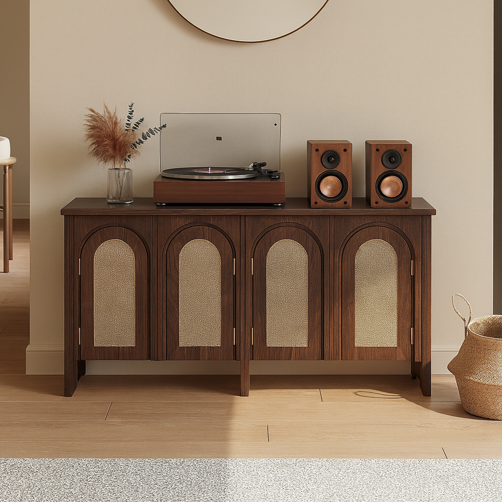 Mid-Century Wooden Sideboard With Arched Textured Doors