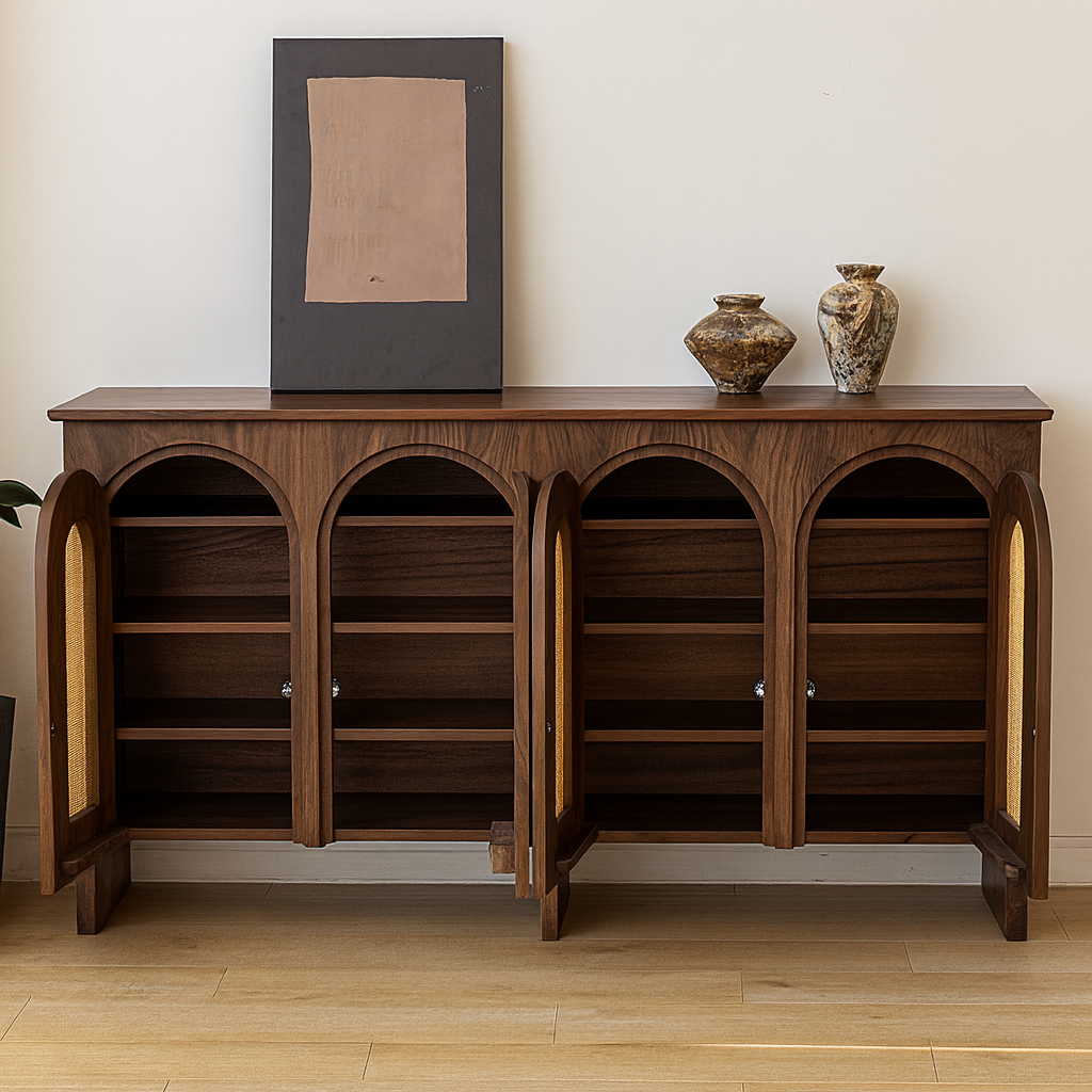 Mid-Century Wooden Sideboard With Arched Textured Doors