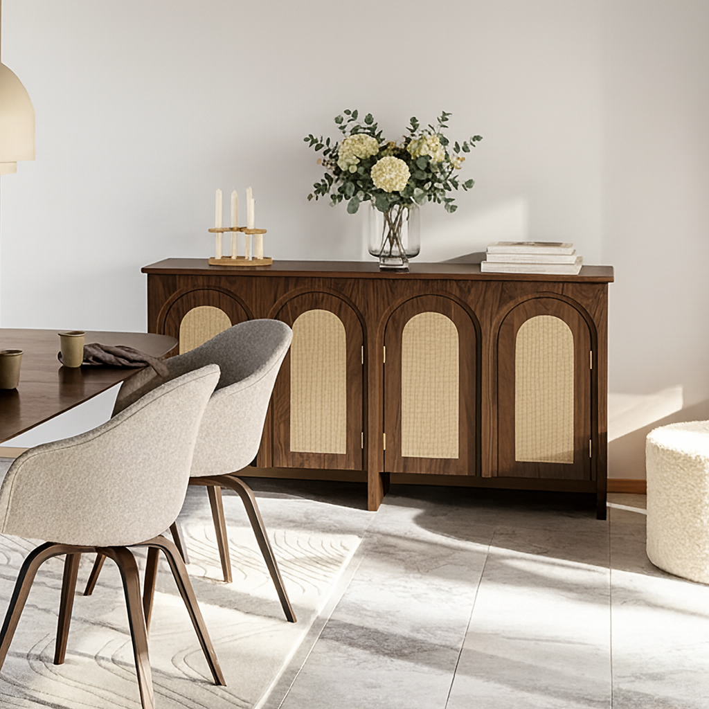 Mid-Century Wooden Sideboard With Arched Textured Doors