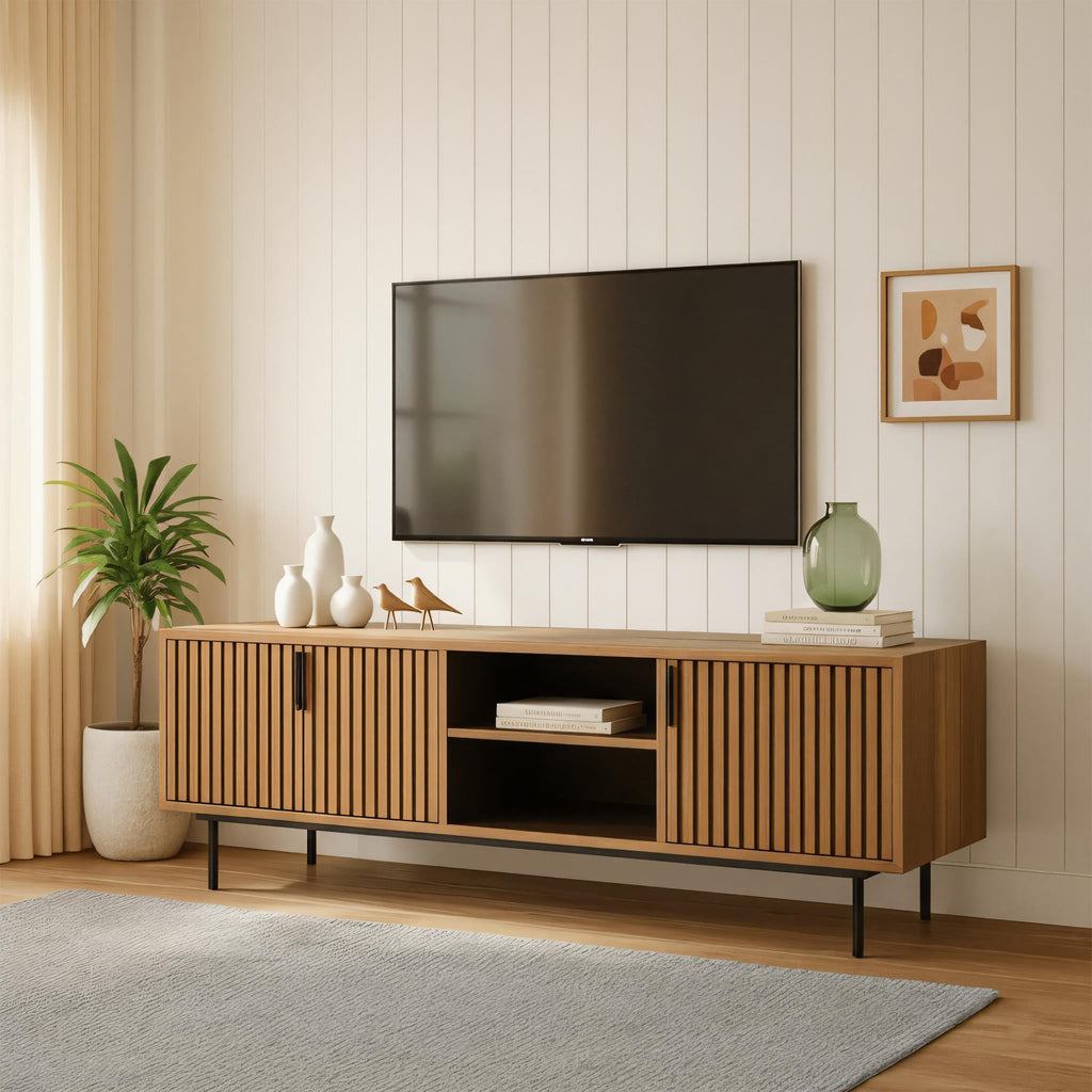 Mid-Century Wooden TV Stand With Fluted Doors
