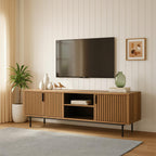 Mid-Century Wooden TV Stand With Fluted Doors