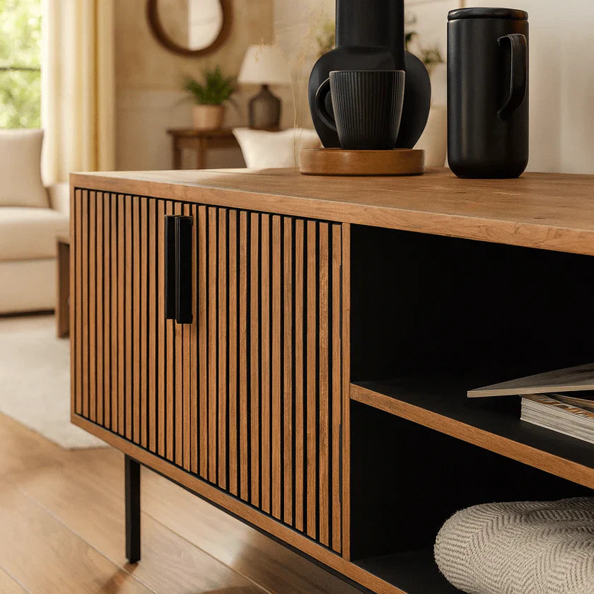 Mid-Century Wooden TV Stand With Fluted Doors